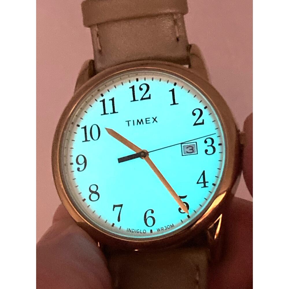 Timex Gold Case White Dial Beige Leather Strap Watch - Picture 4 of 13
